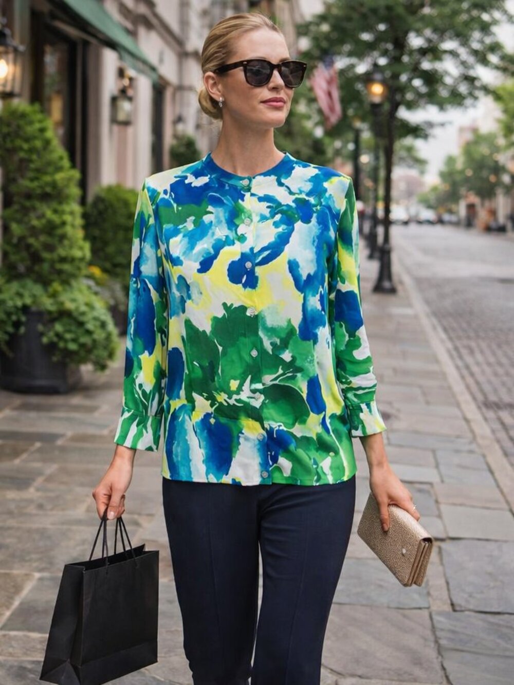 Jones New York Flower Sweater Summer Button Cotton